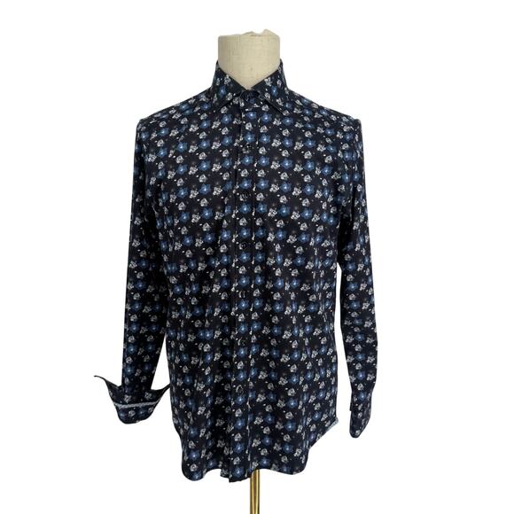 Robert Graham Woven Button Front Long SleeveShirt Black Navy Geometric Print M - Picture 9 of 9